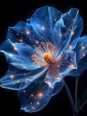 art of my ai a Beautiful blue flower vector, light petals, iridescent opalescent colours, dark background