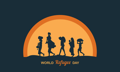 Silhouettes of many people with luggage. Banner for World Refuge Day , flat vector illustration .