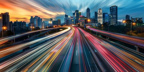 Fototapeta premium Busy Urban Highway With Long Exposure at Night