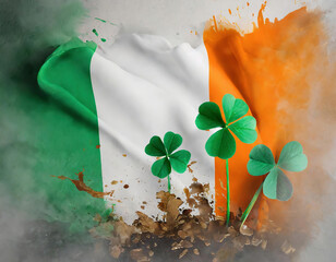 Irish flag with clover flower on grunge background with paint splashes. Ireland Liberation day 