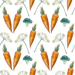 Watercolor seamless pattern with vegetables broccoli flowers dill and carrots on a white background