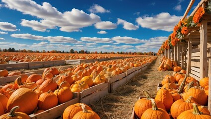 A field full of pumpkins, with some pumpkins sitting in wooden crates. The sky is blue and there are white clouds.

 - Powered by Adobe