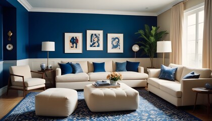 Living room with blue wall, beige sofa, pattern rug, pouf