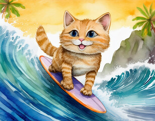 watercolor painting of a joyful ginger cat on the surfboard surfing with big waves	