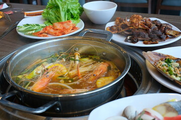 Vietnamese food, Asia food Tom Yum tom yum soup with seafood fresh chilies, and lime.