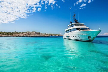 A modern yacht anchored in pristine blue waters near a rocky coastline under a clear blue sky.