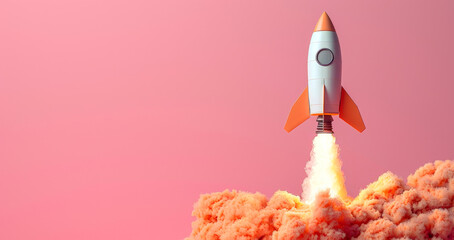 A vibrant rocket takes off, leaving a trail of smoke against a pink sky during sunrise, symbolizing innovation and exploration.