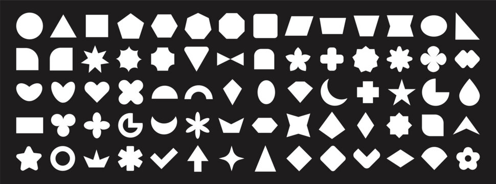 Vector basic shape, abstract Y2K geometric shape collection on black background. Trendy geometric design element shapes. figures, stars, spiral flower and circles.