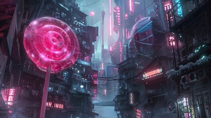 Cyberpunk city with a giant glowing lollipop