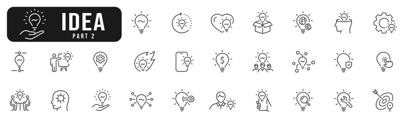 Creative idea line icon set. Brainstorming, lightbulb, solution, innovation etc. Editable stroke. Part 2