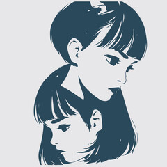 The face design of a beautiful, cute and funny female character with short hair contains two female faces
