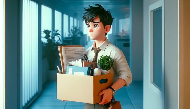 A fired white collar male employee is upset and carrying a box with his belongings, office blur background