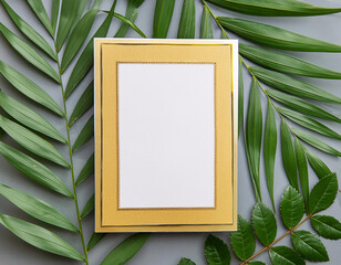 mockup blank frame with eucalyptus leaves and empty frame. flat lay, top view, minimal composition.
