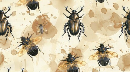A photographic quality background featuring a close-up, clustered arrangement of black and brown beetles, emphasizing the gloss and texture of their exoskeletons under a subtle light. 