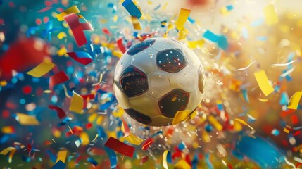 EM European Championship 2024 sport win, triumph, winner celebration concept background illustration - Soccer ball and confetti..