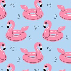 Pattern of pink flamingo rubber pool  rings. Swim rings in flat style on white background. Swimming in pool with rubber circles, summertime water activities. Rubber toy for water and beach.