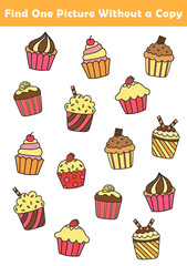 Find One Picture Without a Copy for Preschool Children. Find same picture worksheet for kids. Worksheet for kindergarten-aged children with cute cup cake illustration.