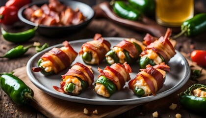 Homemade Bacon-Wrapped Jalapeno Poppers on a Plate, top view. Copy space.
