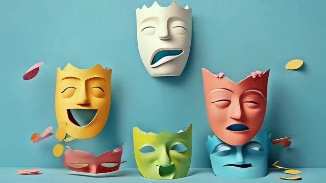 Set of human people emotions ego masks and busts changing expressions made of clay pastel 3d style - 4k new stock video footage animation AI