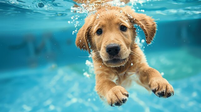 Golden Labrador Retriever Puppy Swimming in Pool