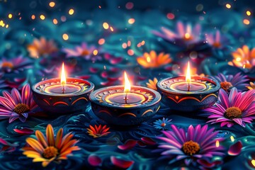 Diwali Festival Celebration with Traditional Diyas and Colorful Flowers