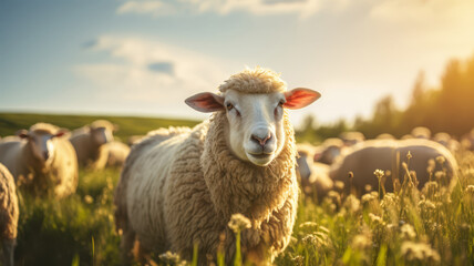 Fototapeta premium Herd of sheep grazing in a green field, farm background, warm light, copy space,