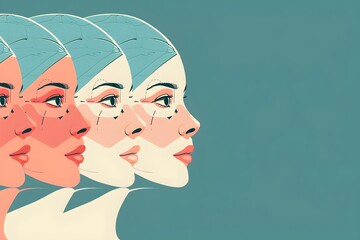 A series of women's faces are shown in different stages of aging. Concept of the passage of time and the inevitable changes that come with it. Scene is somewhat melancholic