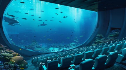 Fototapeta premium Expansive cinema room with a panoramic underwater view, filled with marine life and natural light.