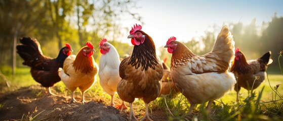 Group of hens pecking at the ground in a sunlit farmyard, vibrant colors, copy space,