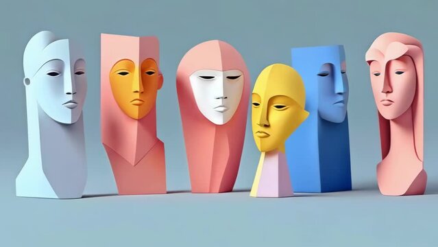 Set of human people emotions ego masks and busts changing expressions made of clay pastel 3d style - 4k new stock video footage animation AI