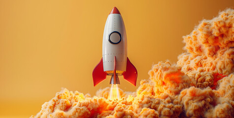 A rocket with red and white colors blasting off into the sky, leaving a trail of smoke behind.