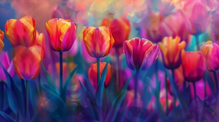 Colorful Tulips Blooming in Grassy Field