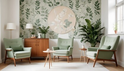 White apartment with green armchairs, table, lamp, leaf posters
