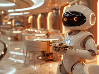 Robot Waiter Serving Food in a Futuristic Upscale Restaurant