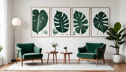 White apartment with green armchairs, table, lamp, leaf posters