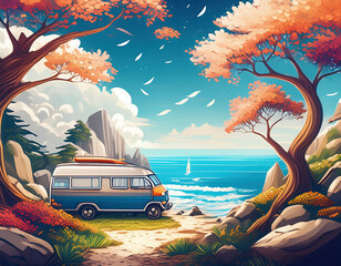 fantasy summer landscape with a camper car on a dreamy beach under magical pink trees