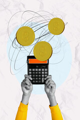 Vertical photo collage of hands hold calculator tool accountant worker count money gold coin dollar...