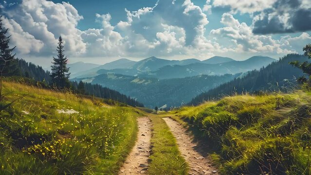 Scenic mountain pathway under cloudy blue sky