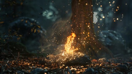 a small burning bonfire with sparks in the night forest 