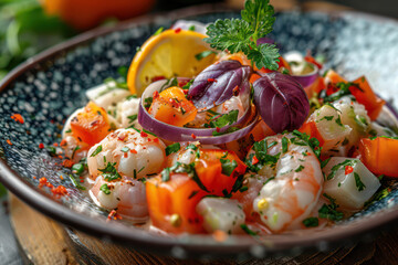 Peruvian ceviche dish, fresh shrimp seafood with vegetables, coastal cuisine, traditional peruvian food. Food and cuisine concept for poster or menu restaurant, Banner website, Ads. Generative AI