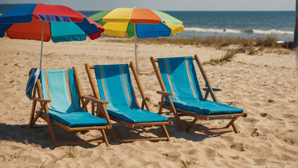 Summertime relaxation, Beach umbrella and chairs on sandy shore