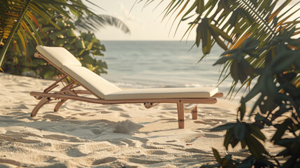 a sunny summer beach with sand and a sun lounger surrounded by green leaves