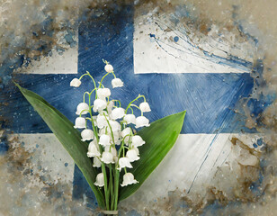 lily of the valley on the background of the Finland flag with paint splashes
