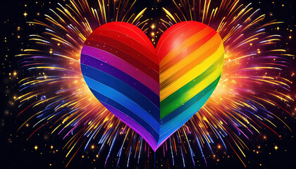 colorful rainbow  heart with fireworks on dark background. Lgbt celebration concept