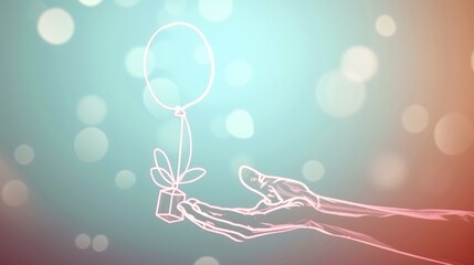 Abstract representation of a gift with a balloon, highlighted in pink tones, against a soft, bokeh background, evoking a dreamy feel.