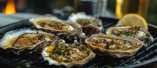 Fototapeta premium Sizzling Grilled Garlic Chili Oysters - Vibrant Summer Dining Alfresco, Relaxed Lifestyle Vacation Moments