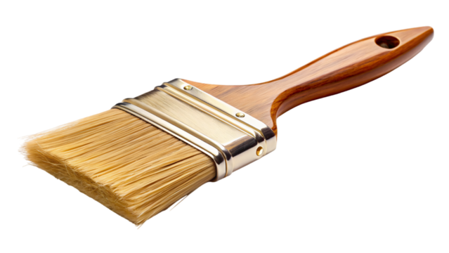 A clean wooden paintbrush with a brown handle rests isolated on a white background, ready for artistic creation