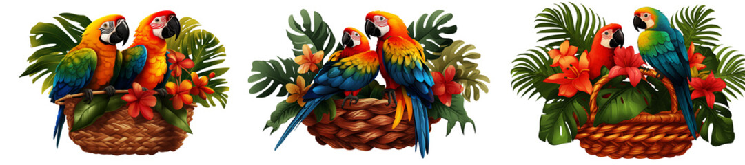 Fototapeta premium wicker basket with colorful parrots isolated on transparent background