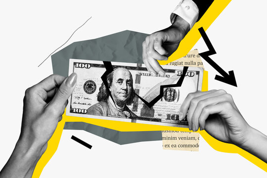 Creative photo collage picture human hands bejamin franklin separate banknote cash crisis break economy problem drawing background