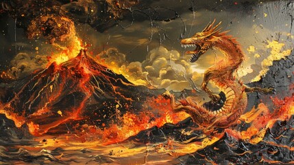 Dragon emerging from a fiery volcano